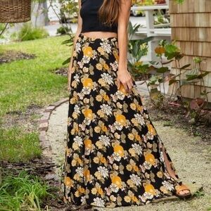 Black Floral Maxi Skirt Lightweight Back Zipper Boho Gypsy BRAND NEW